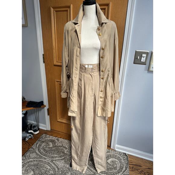 Vintage 80s/90s Apart 100% Silk 2 Piece Set Jacket & Pants Women’s Medium Beige - Picture 5 of 16